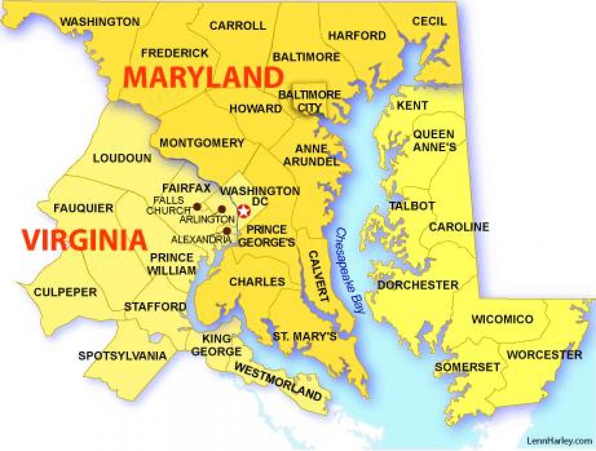 რუკა მერილენდის, ვირჯინიის და ვაშინგტონი
